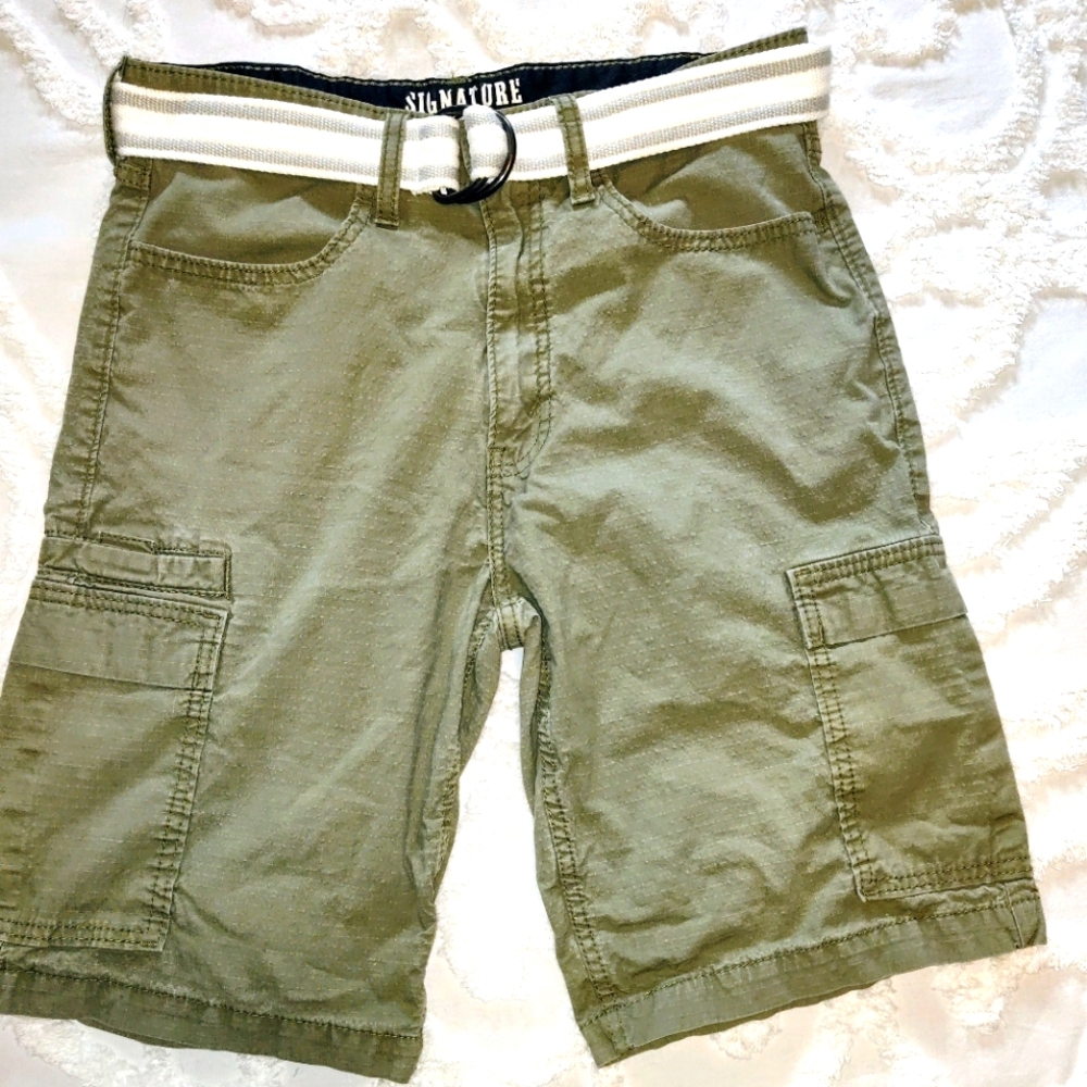 Signature by Levi Strauss Men Cargo Shorts Belted Army Olive Green 32